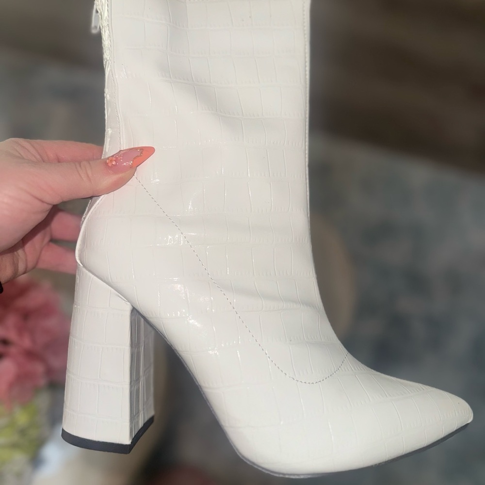White Croc-Embossed Block Heel Ankle Boot